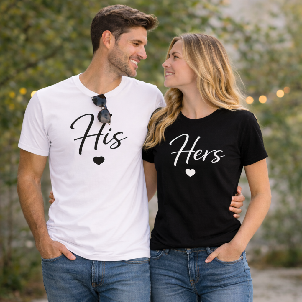 His & Hers Matching Couple T-Shirts – Classic Black & White Set